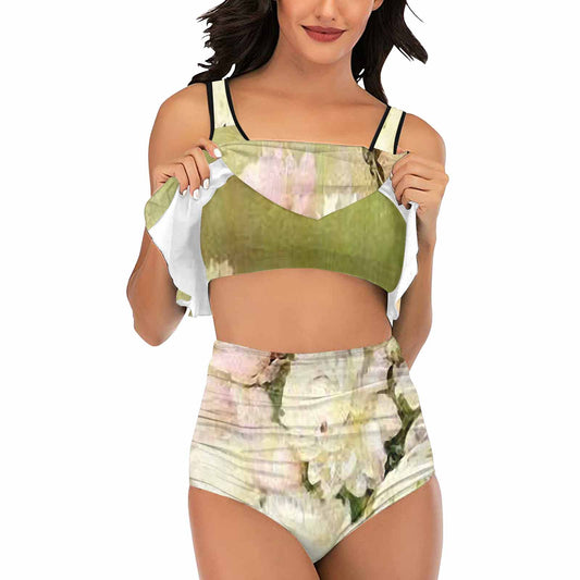 Vintage floral high waisted flounce top bikini, swim wear, Design 35