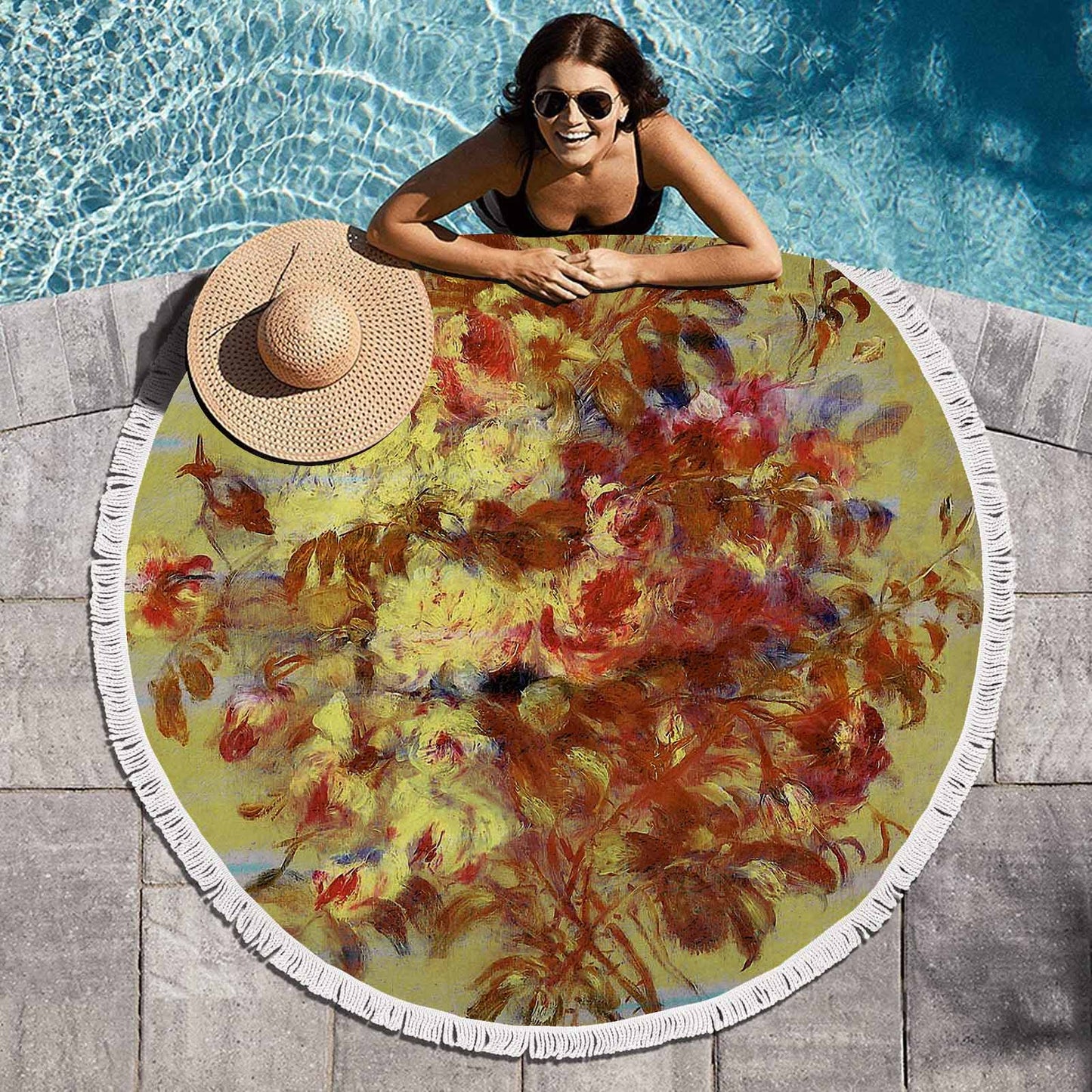 Vintage Floral circular plush beach towel, fringe edges, Design 11
