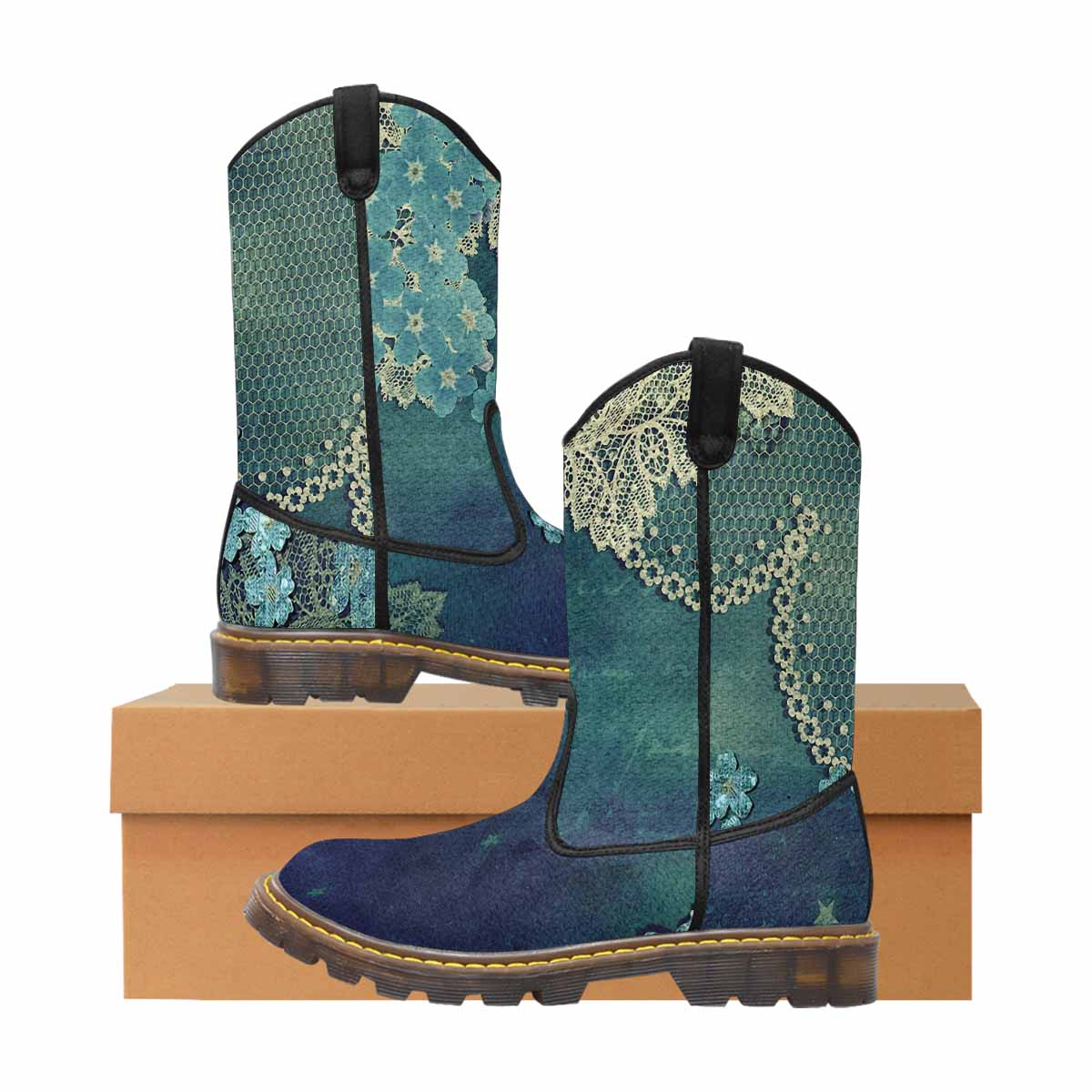 Victorian lace print, western lumber boots, design 04