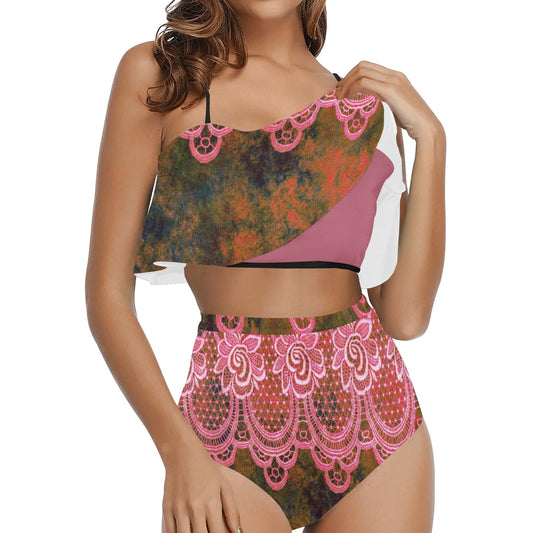 Flounce & Ruffle Bikini swimwear, Printed Victorian lace, Design 32, High Waisted Ruffle Bikini Set-A/B/C (Model SO3)