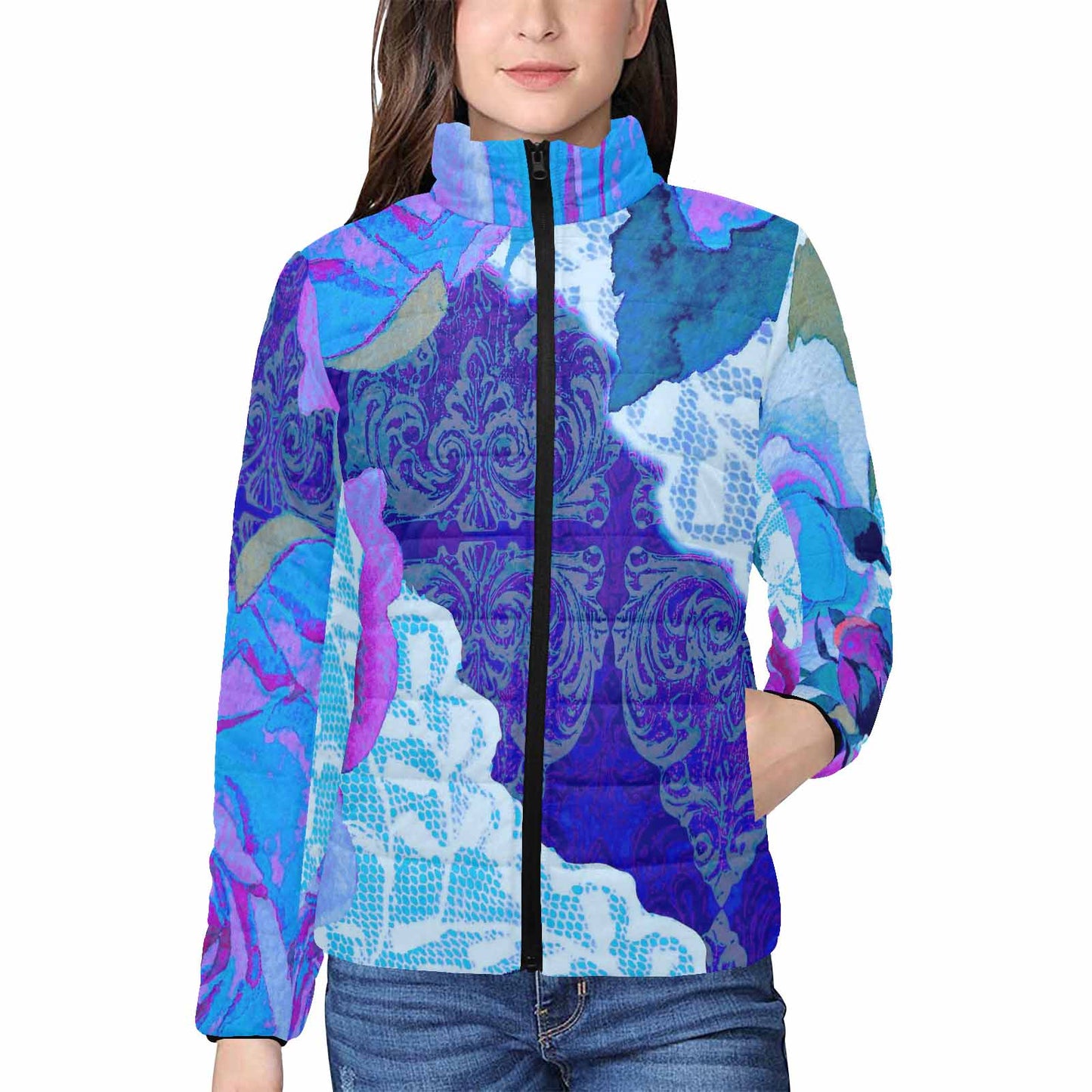 Victorian Lace print womens padded quilted jacket, design 20