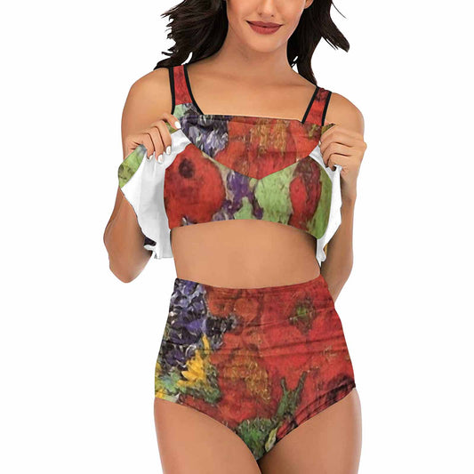 Vintage floral high waisted flounce top bikini, swim wear, Design 47