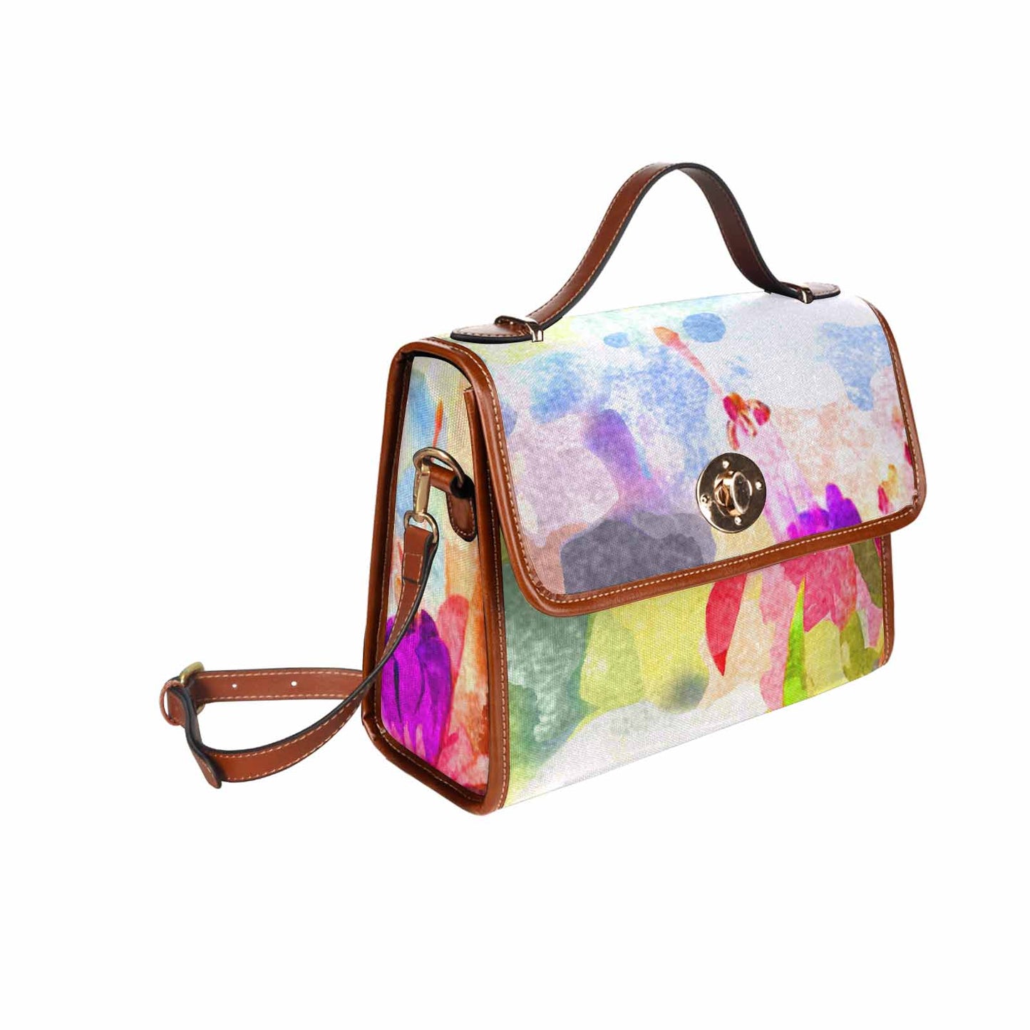 Water Color Florals, All Over Print Waterproof Canvas Bag, Mod 1695341 Design 117 BROWN STRAP
