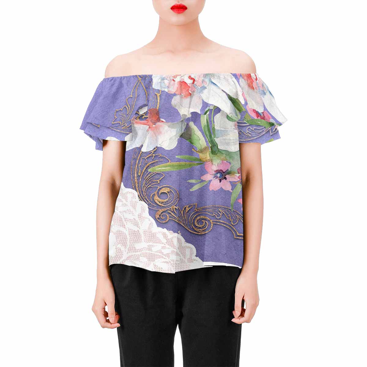 Victorian Lace print Chiffon Blouse, design 47