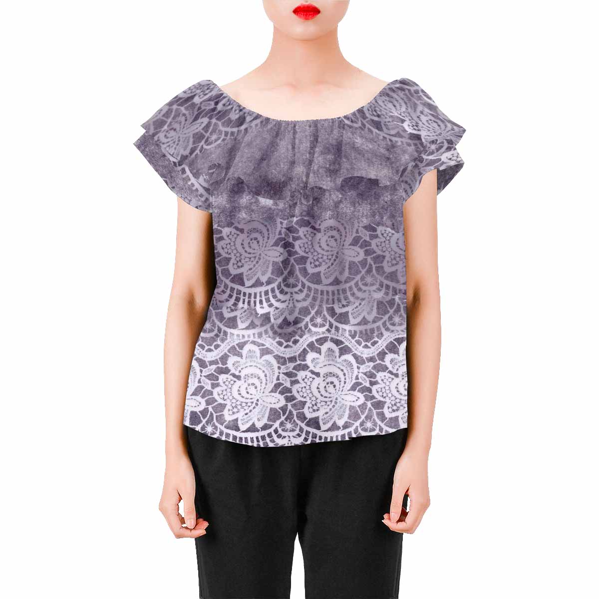 Victorian Lace print Chiffon Blouse, design 39