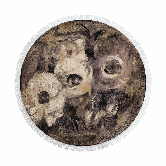 Vintage Floral circular plush beach towel, fringe edges, Design 16