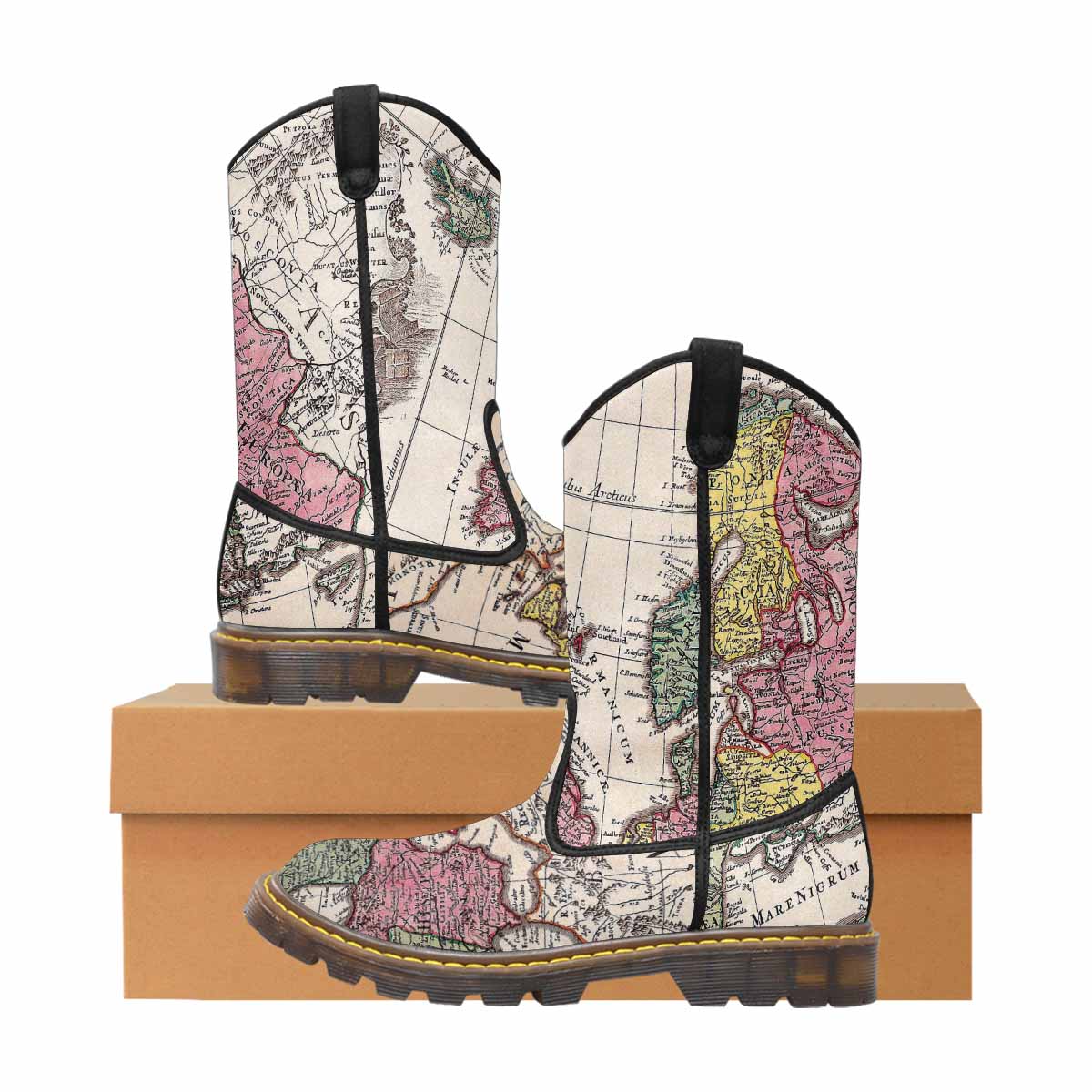 Antique Map design mens western lumber boots, Design 43