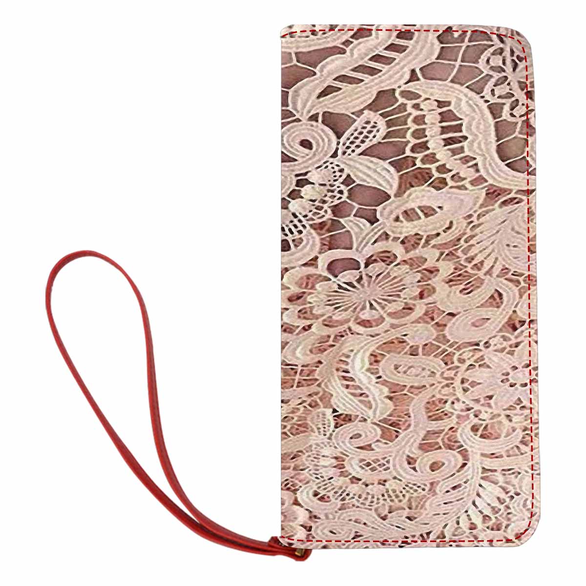 Victorian lace print womens wallet, clutch purse, red trim, design 11