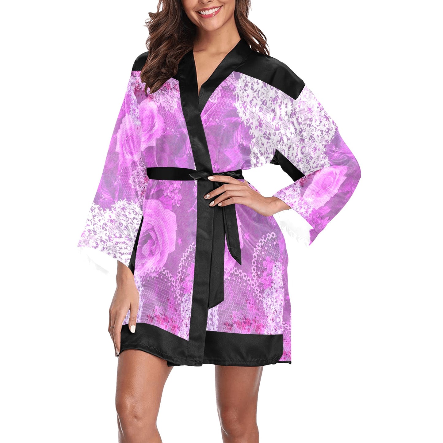 Victorian Lace Kimono Robe, Black or White Trim, Sizes XS to 2XL, Design 03