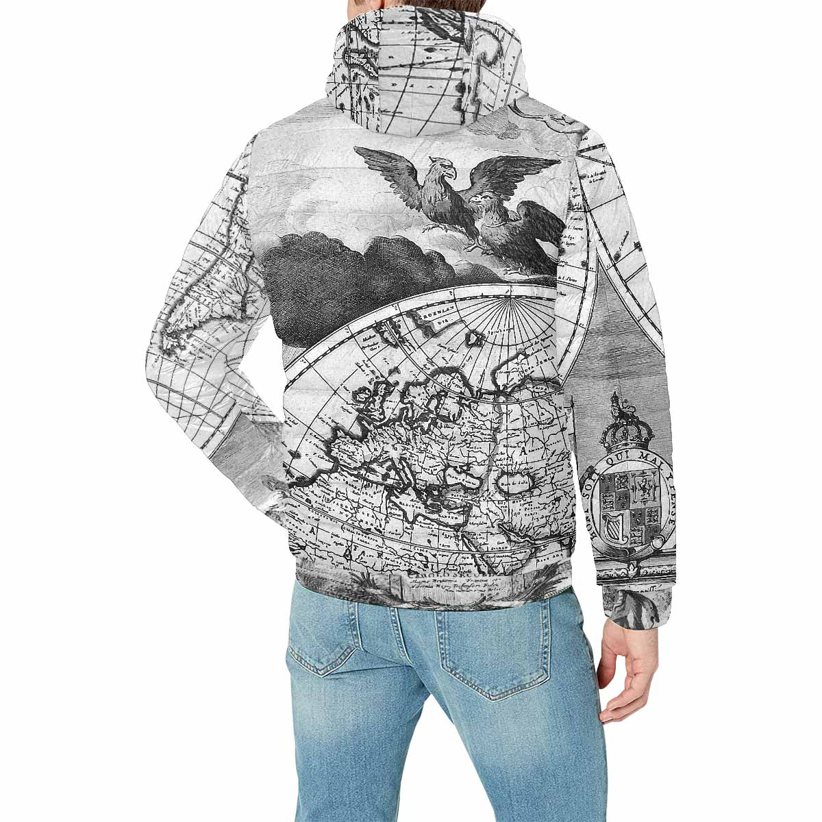 Antique Map design, mens lightweight, warm, quilted hooded bomber jacket, design, 17