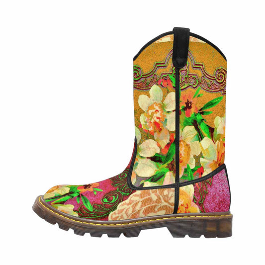 Victorian lace print, western lumber boots, design 48