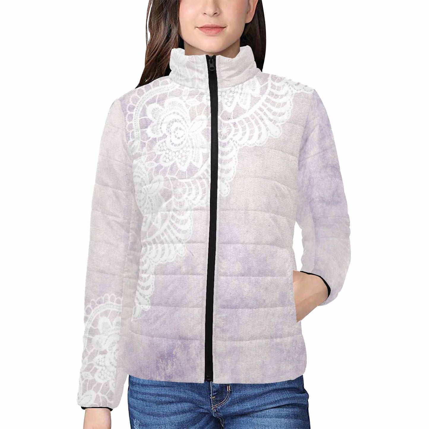 Victorian Lace print womens padded quilted jacket, design 40