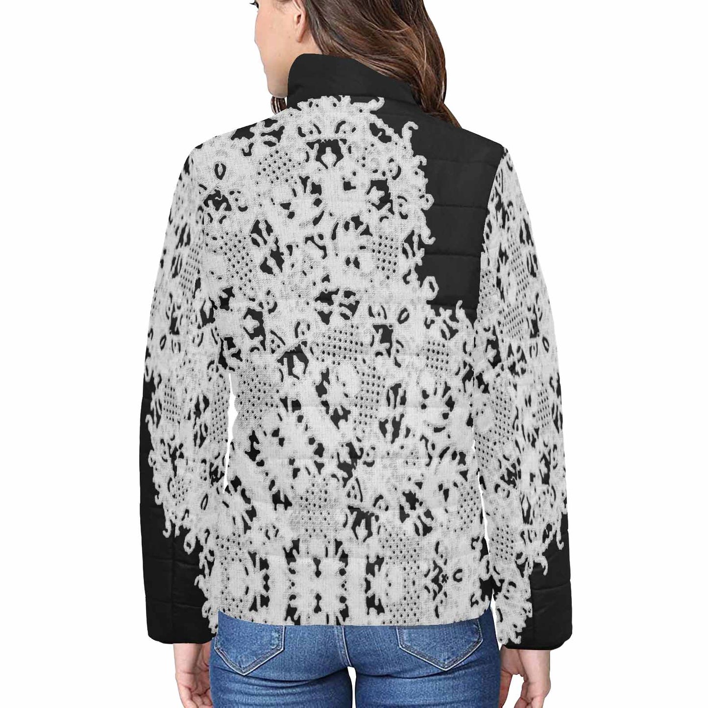 Victorian Lace print womens padded quilted jacket, design 50