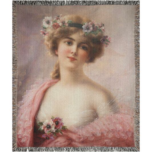 100% cotton Victorian Lady design design woven blanket, 50 x 60 or 60 x 80in, Young Girl with Anemones