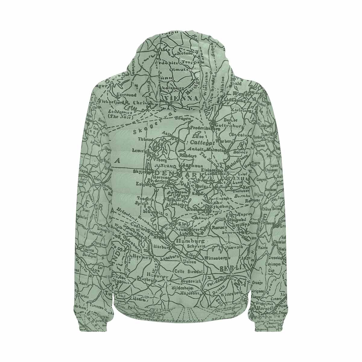 Antique Map design, mens lightweight, warm, quilted hooded bomber jacket, design, 52