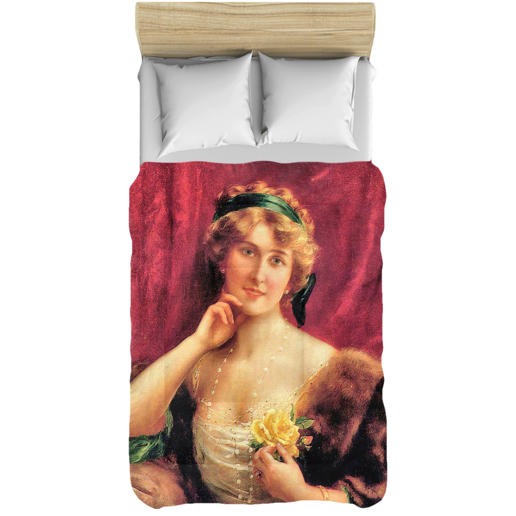 Victorian lady design comforter, twin, twin XL, queen or king, Elegant Lady with a YELLOW Roses