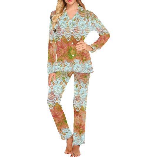 Victorian printed lace pajama set, design 31 Women's Long Pajama Set (Sets 02)