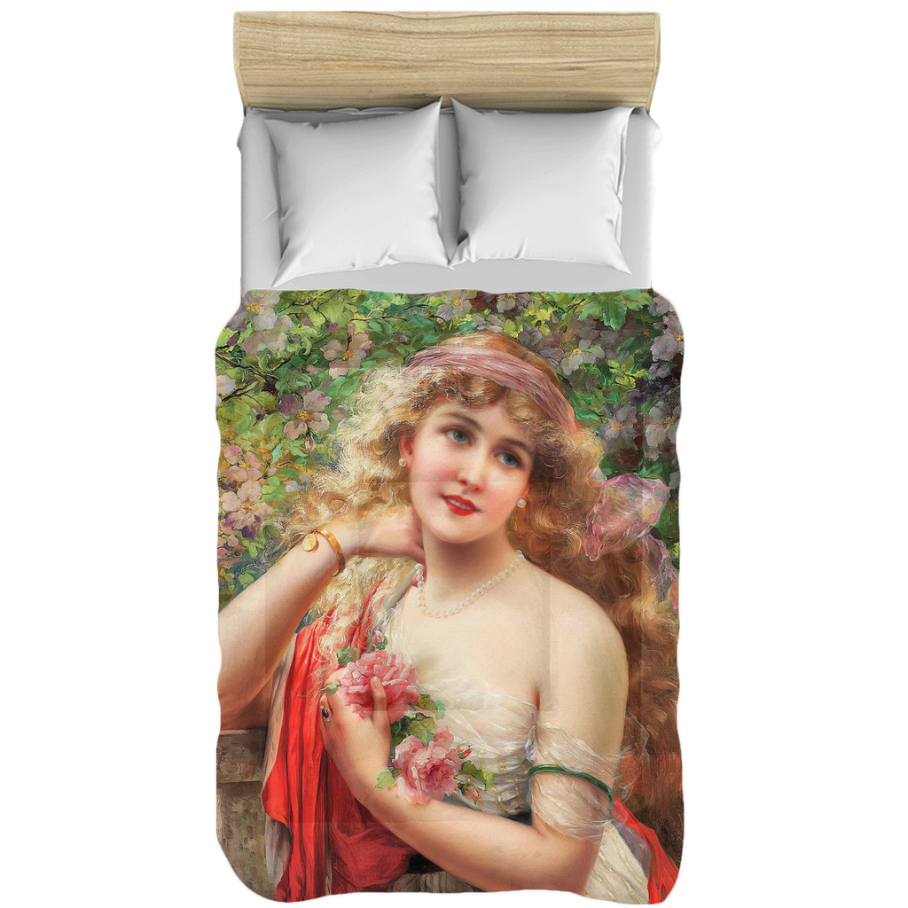 Victorian lady design comforter, twin, twin XL, queen or king, Young Lady With Roses