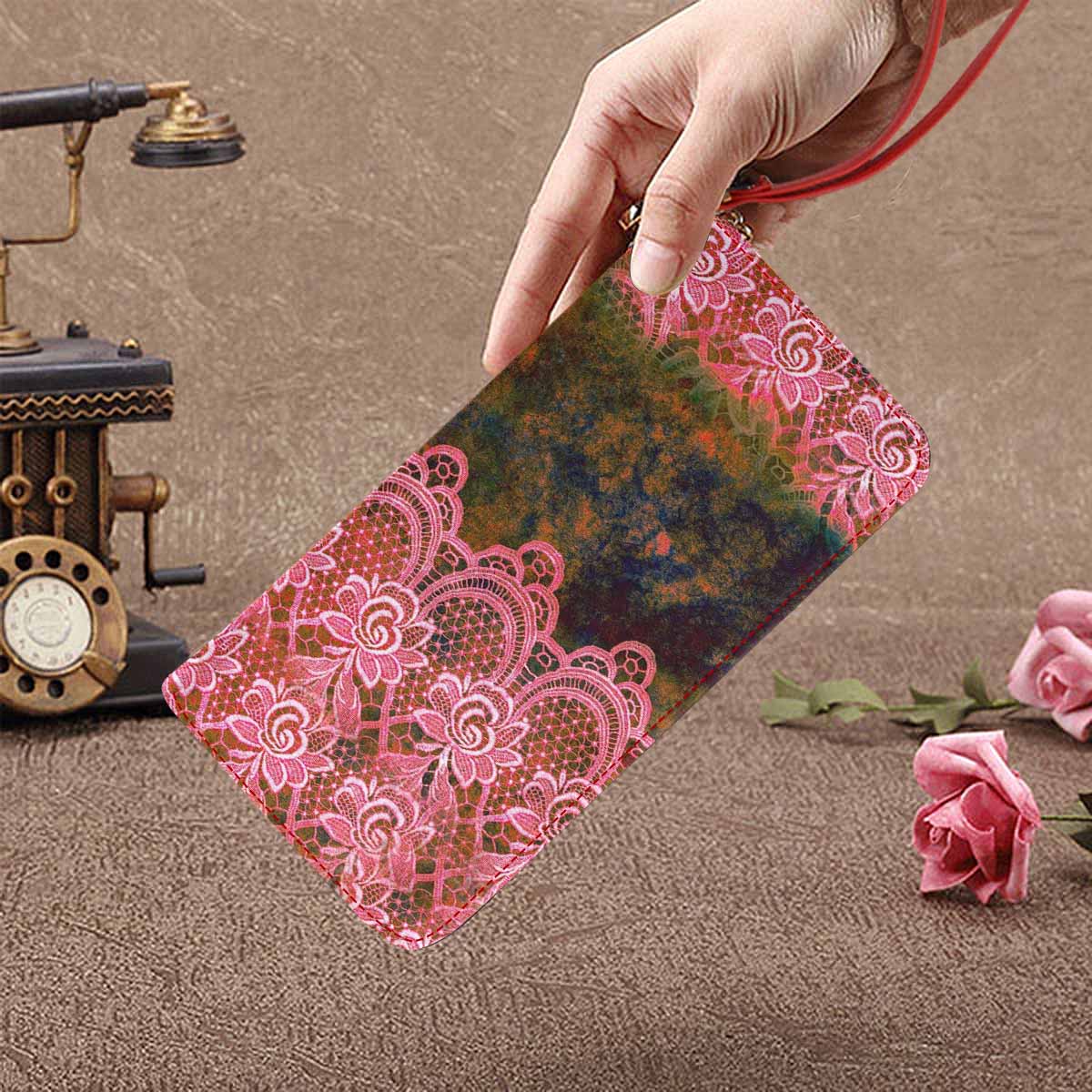 Victorian lace print womens wallet, clutch purse, red trim, design 32