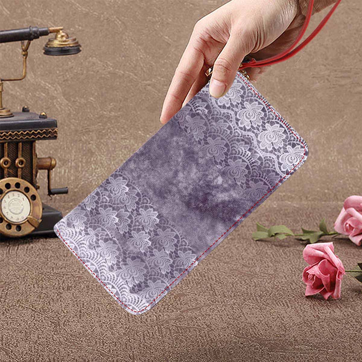 Victorian lace print womens wallet, clutch purse, red trim, design 39