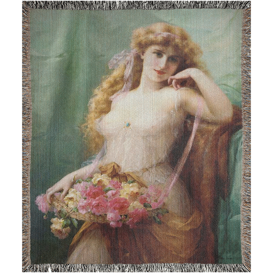 100% cotton Victorian Lady design design woven blanket, 50 x 60 or 60 x 80in, Basket of Roses