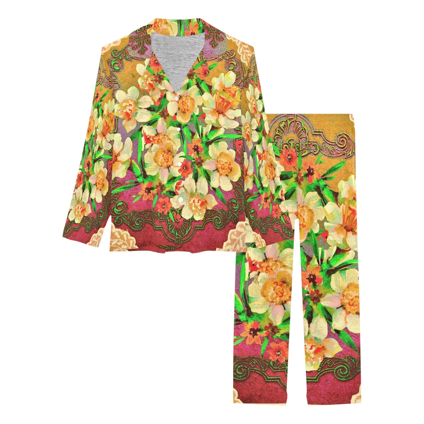 Victorian printed lace pajama set, design 48 Women's Long Pajama Set (Sets 02)