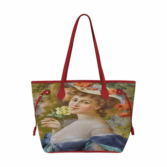 Victorian Lady Design Handbag, Model 1695361, Woman With Yellow Rose At Mouth, RED TRIM