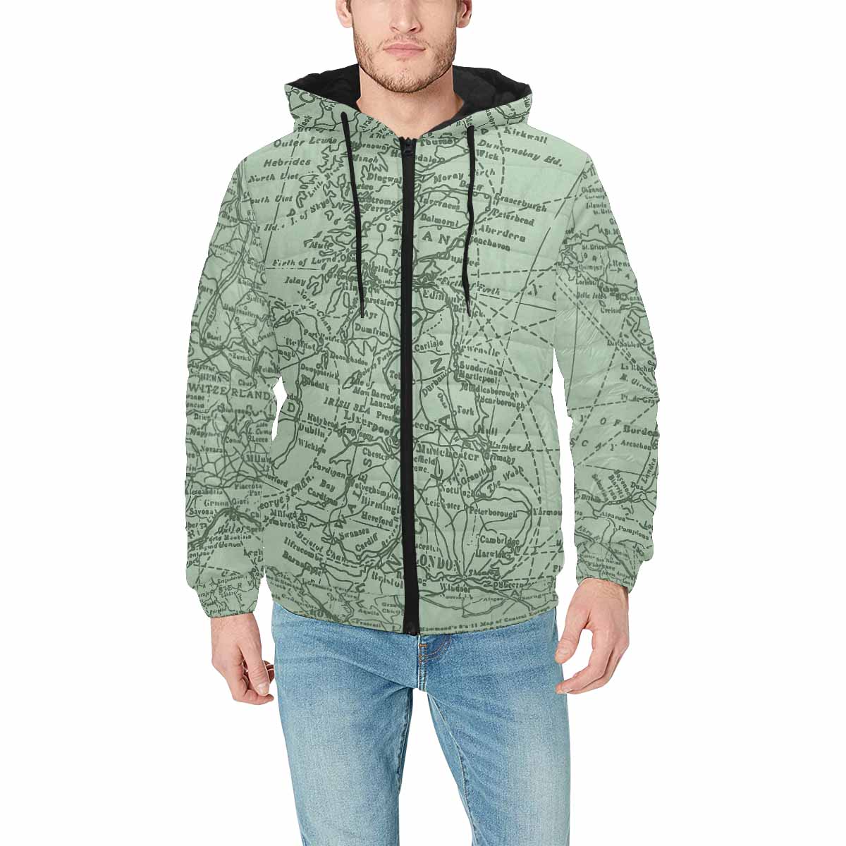 Antique Map design, mens lightweight, warm, quilted hooded bomber jacket, design, 52