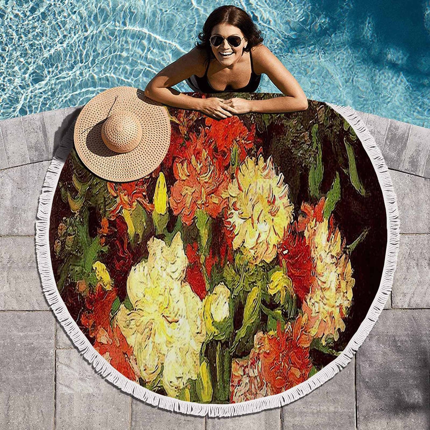 Vintage Floral circular plush beach towel, fringe edges, Design 33