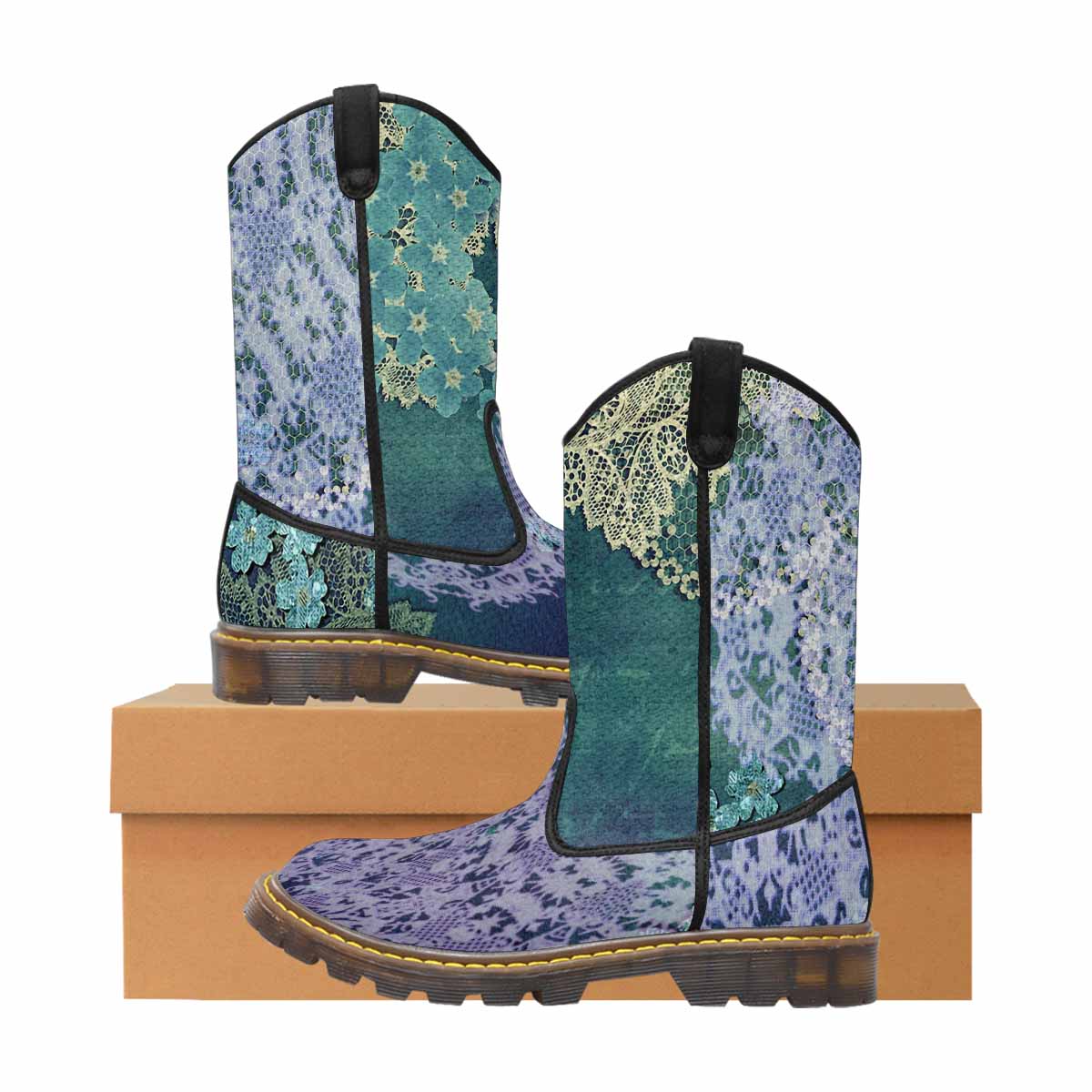Victorian lace print, western lumber boots, design 05