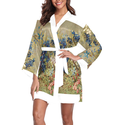 Vintage Floral Kimono Robe, Black or White Trim, Sizes XS to 2XL, Design 39