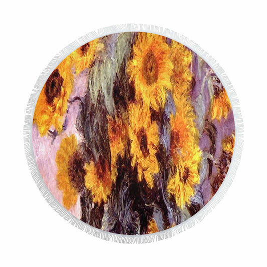 Vintage Floral circular plush beach towel, fringe edges, Design 49