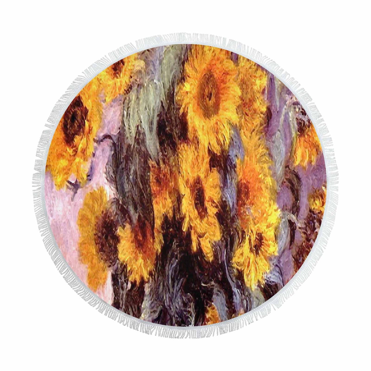 Vintage Floral circular plush beach towel, fringe edges, Design 49