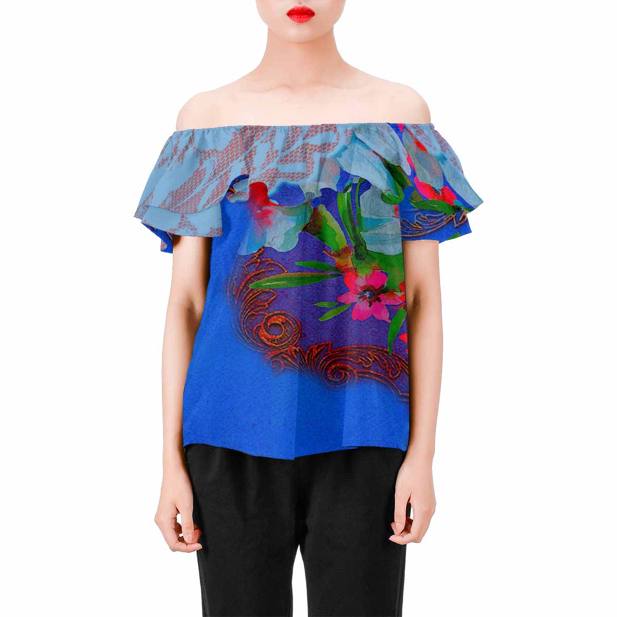 Victorian Lace print Chiffon Blouse, design 46