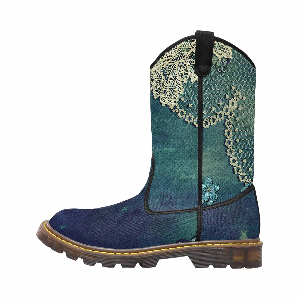 Victorian lace print, western lumber boots, design 04