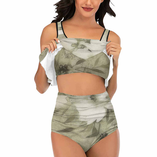Vintage floral high waisted flounce top bikini, swim wear, Design 03x