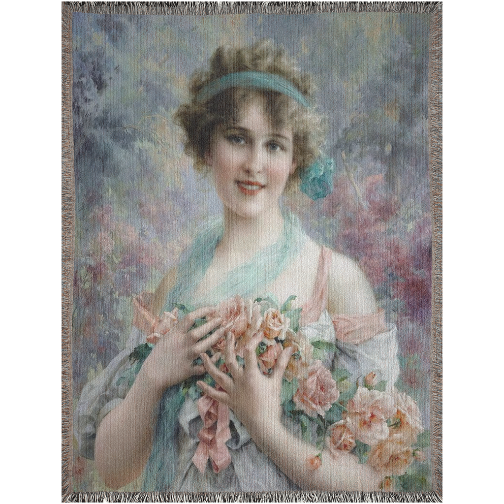100% cotton Victorian Lady design design woven blanket, 50 x 60 or 60 x 80in, The Rose Girl