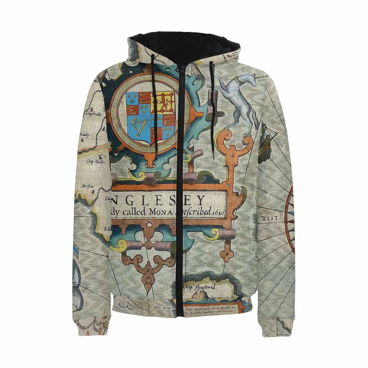 Antique Map design, mens lightweight, warm, quilted hooded bomber jacket, design, 13