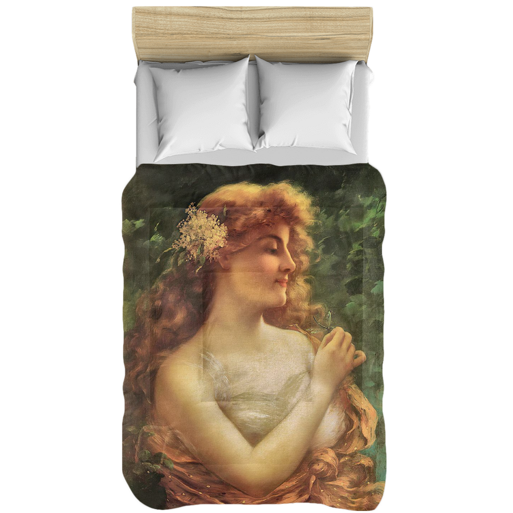 Victorian lady design comforter, twin, twin XL, queen or king, Young Woman with a Dragonfly