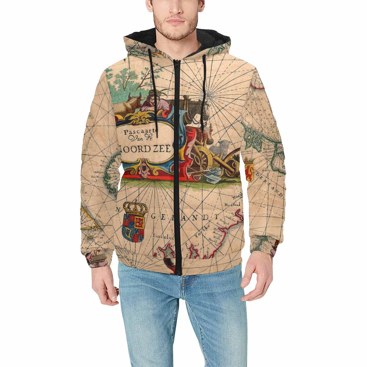 Antique Map design, mens lightweight, warm, quilted hooded bomber jacket, design, 7