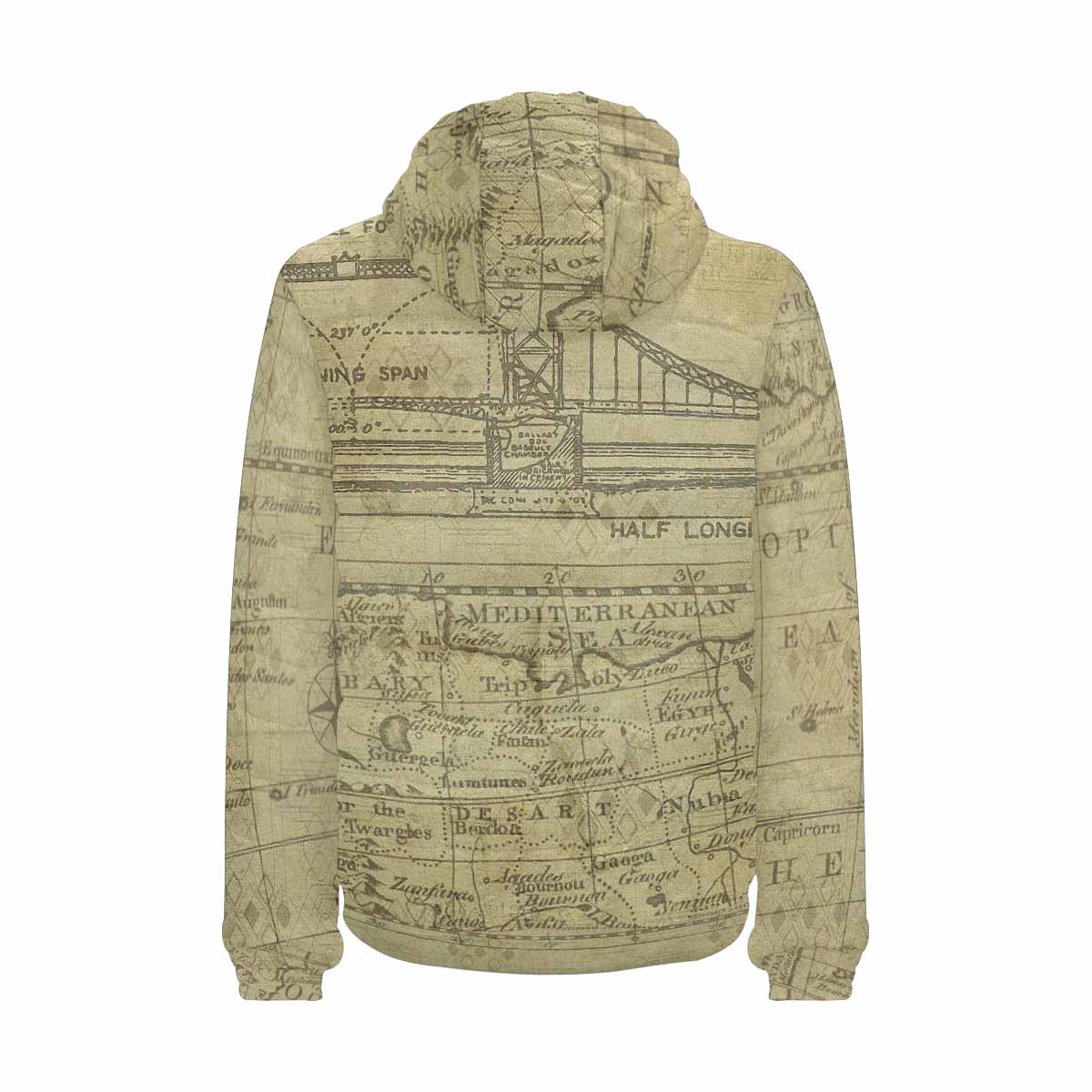 Antique Map design, mens lightweight, warm, quilted hooded bomber jacket, design, 1