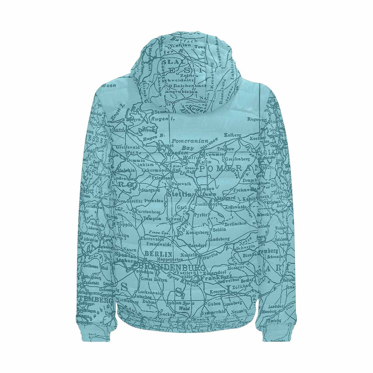 Antique Map design, mens lightweight, warm, quilted hooded bomber jacket, design, 55