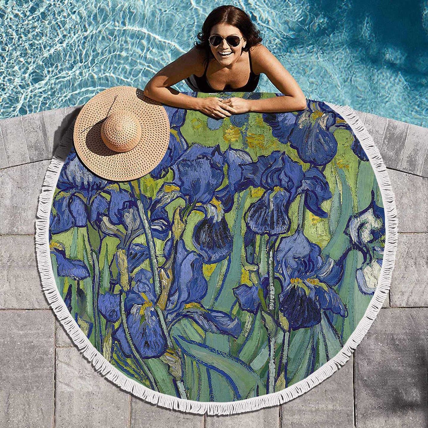 Vintage Floral circular plush beach towel, fringe edges, Design 40