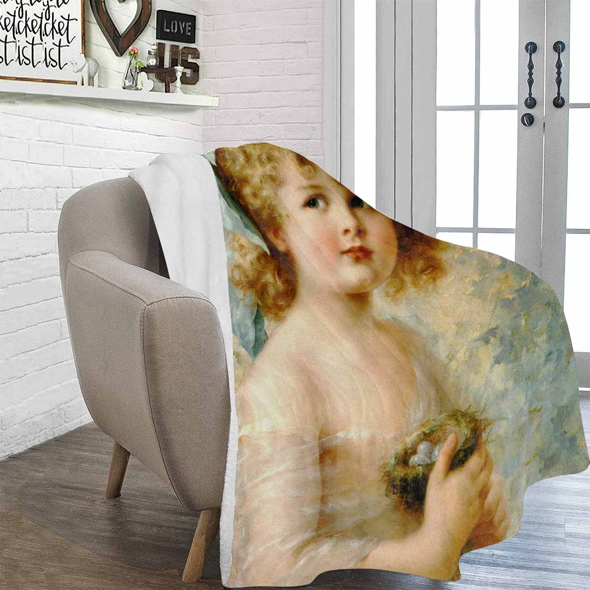 Victorian Girl Design BLANKET, LARGE 60 in x 80 in, Girl Holding a Nest C30