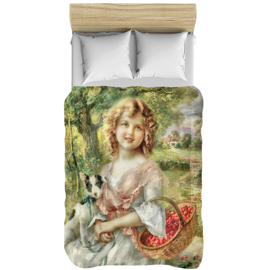 Victorian lady design comforter, twin, twin XL, queen or king, Girl with Cherry