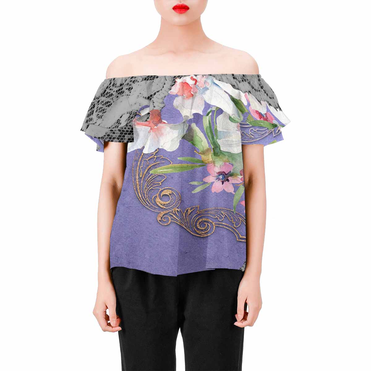 Victorian Lace print Chiffon Blouse, design 45