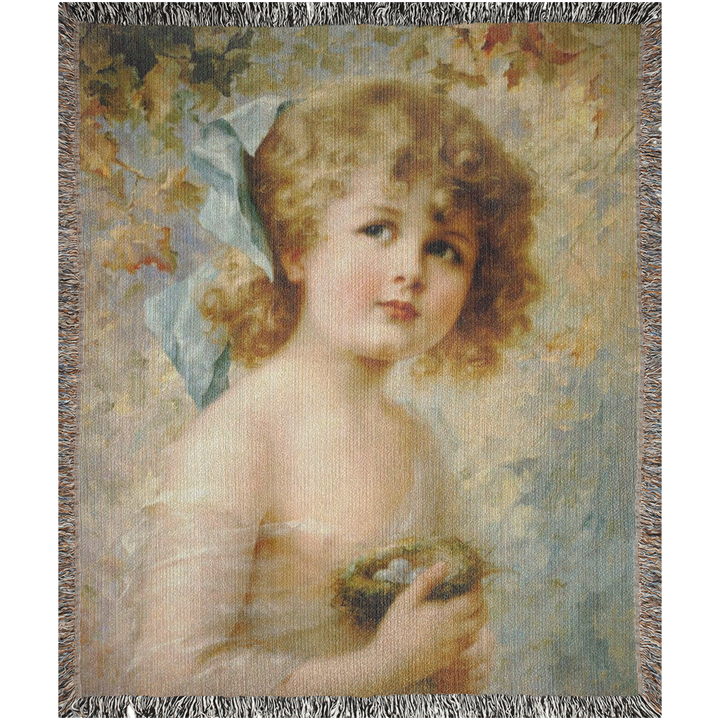 100% cotton Victorian Girl design woven blanket, 50 x 60 or 60 x 80in, Girl Holding a Nest