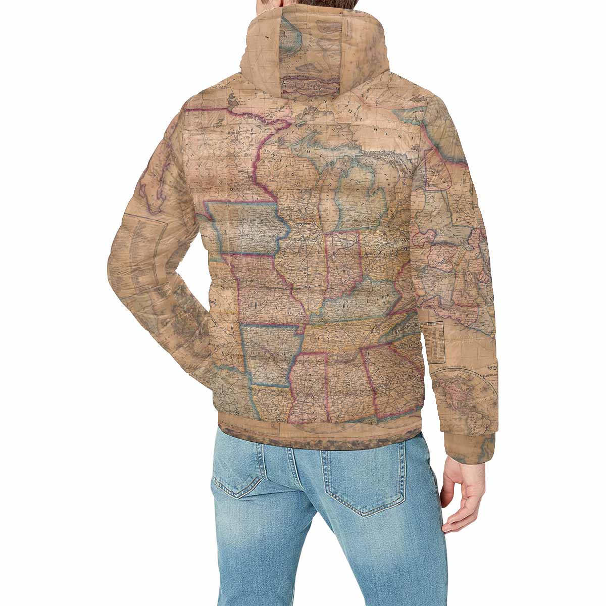 Antique Map design, mens lightweight, warm, quilted hooded bomber jacket, design, 28