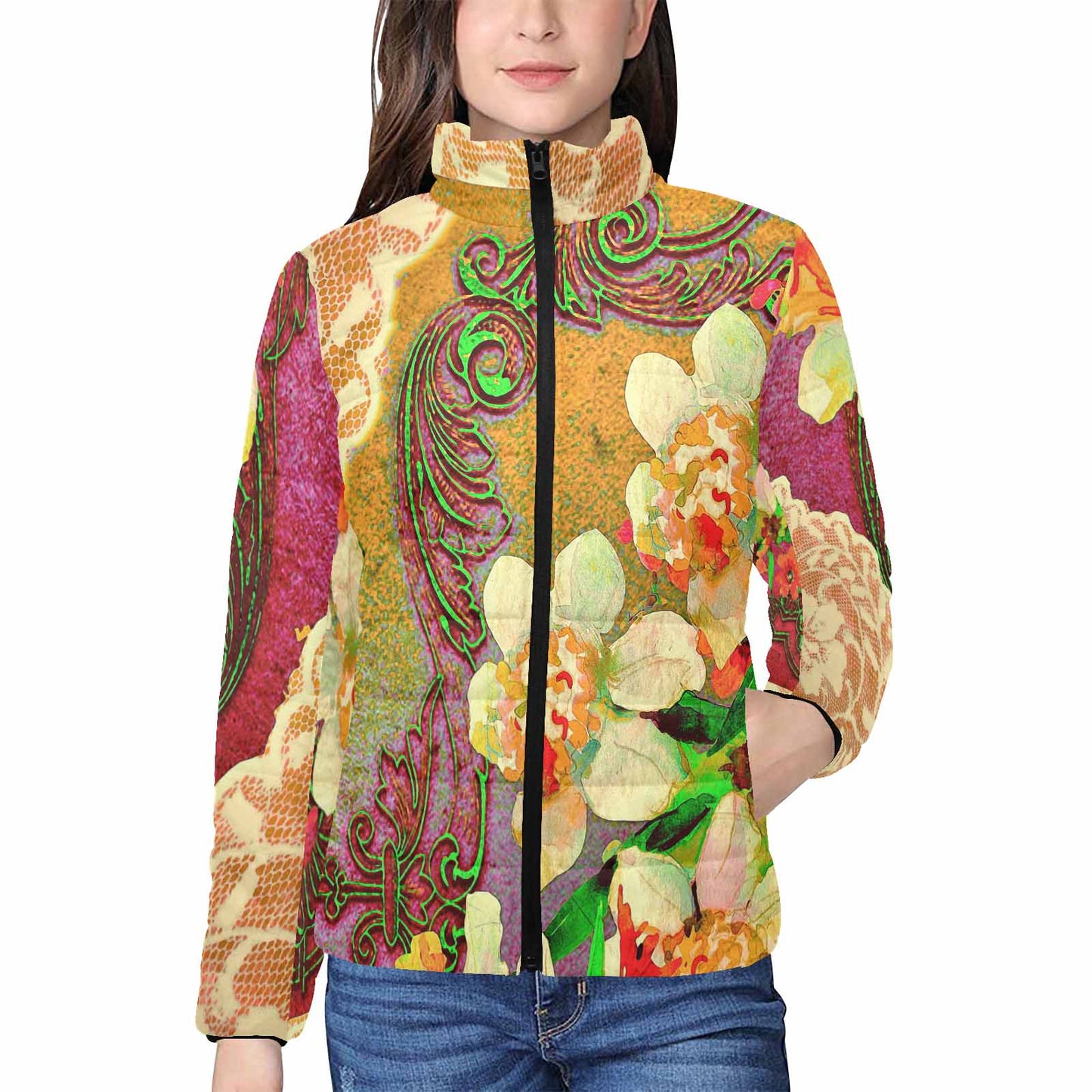 Victorian Lace print womens padded quilted jacket, design 48