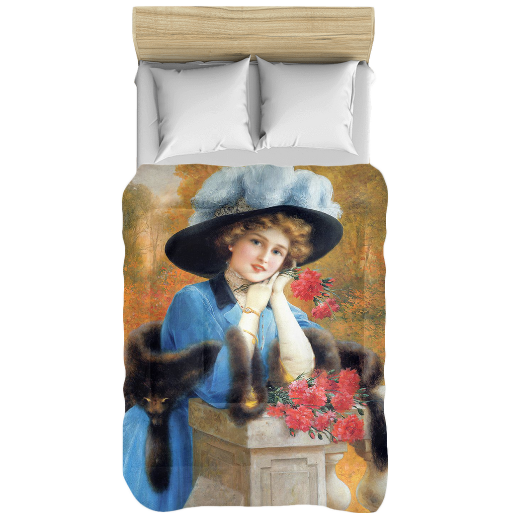Victorian lady design comforter, twin, twin XL, queen or king, CARNATIONS ARE FOR LOVE